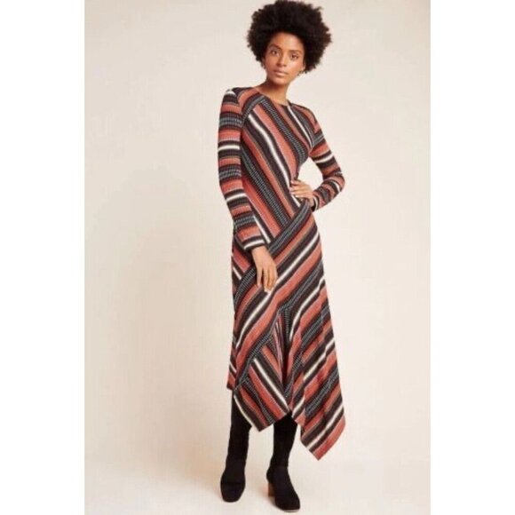 Anthropologie Maeve Womens Dress Brown Parkside Knit Maxi Asymmetric Striped XS - Picture 1 of 14